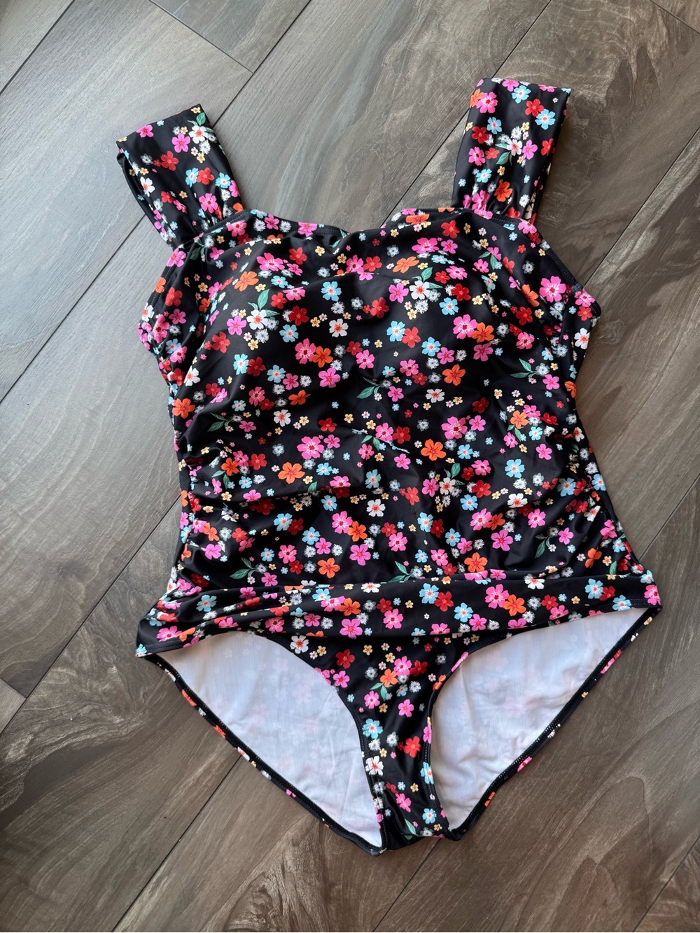 Women’s 2x Floral One-Piece Swimsuit - Black with Multicolor Flowers